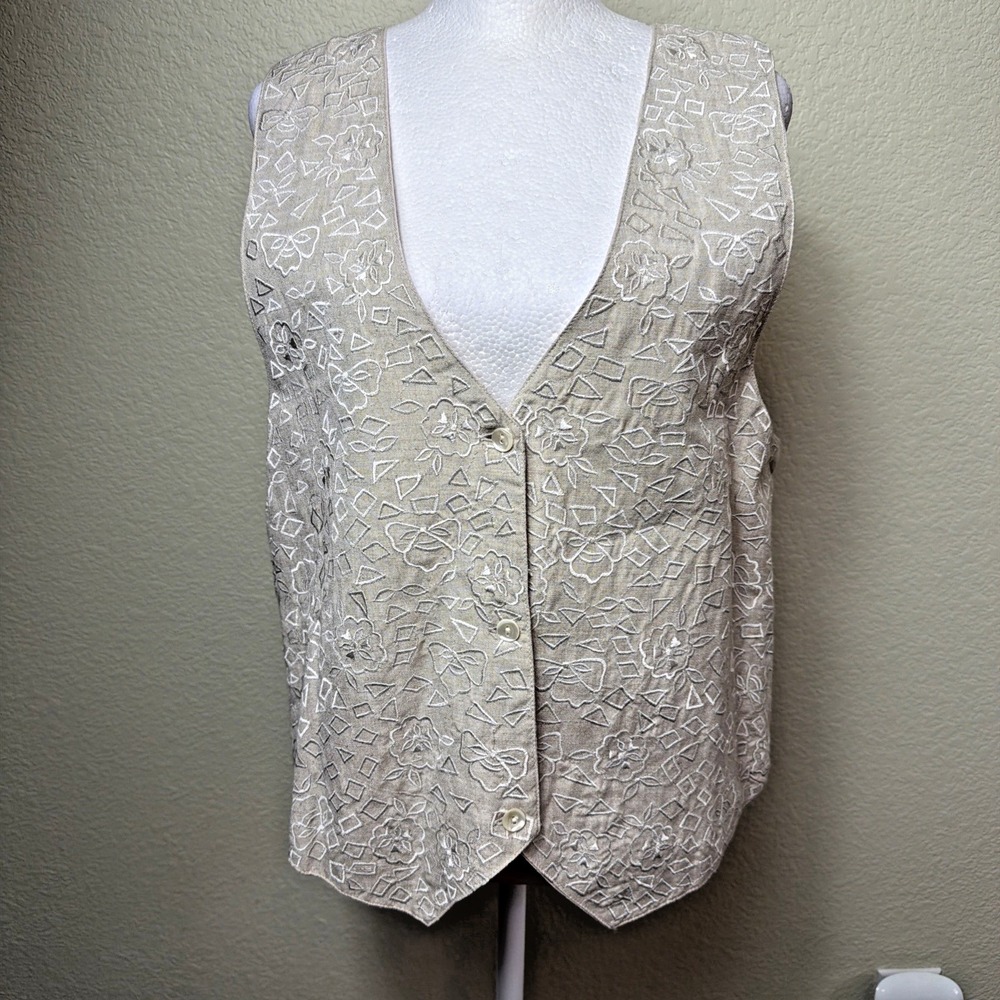Creazioni Effect Vest S Womens Linen Cotton Embroidered V-Neck Button Cream Tan